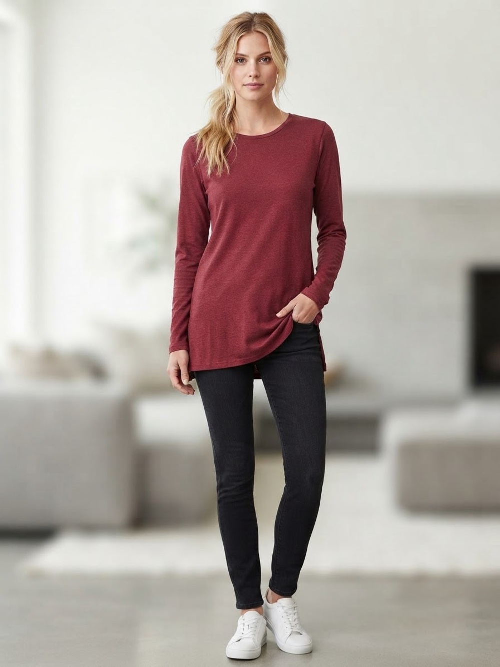 Marleylilly Women's Long Sleeve Crewneck Tee- Burgundy